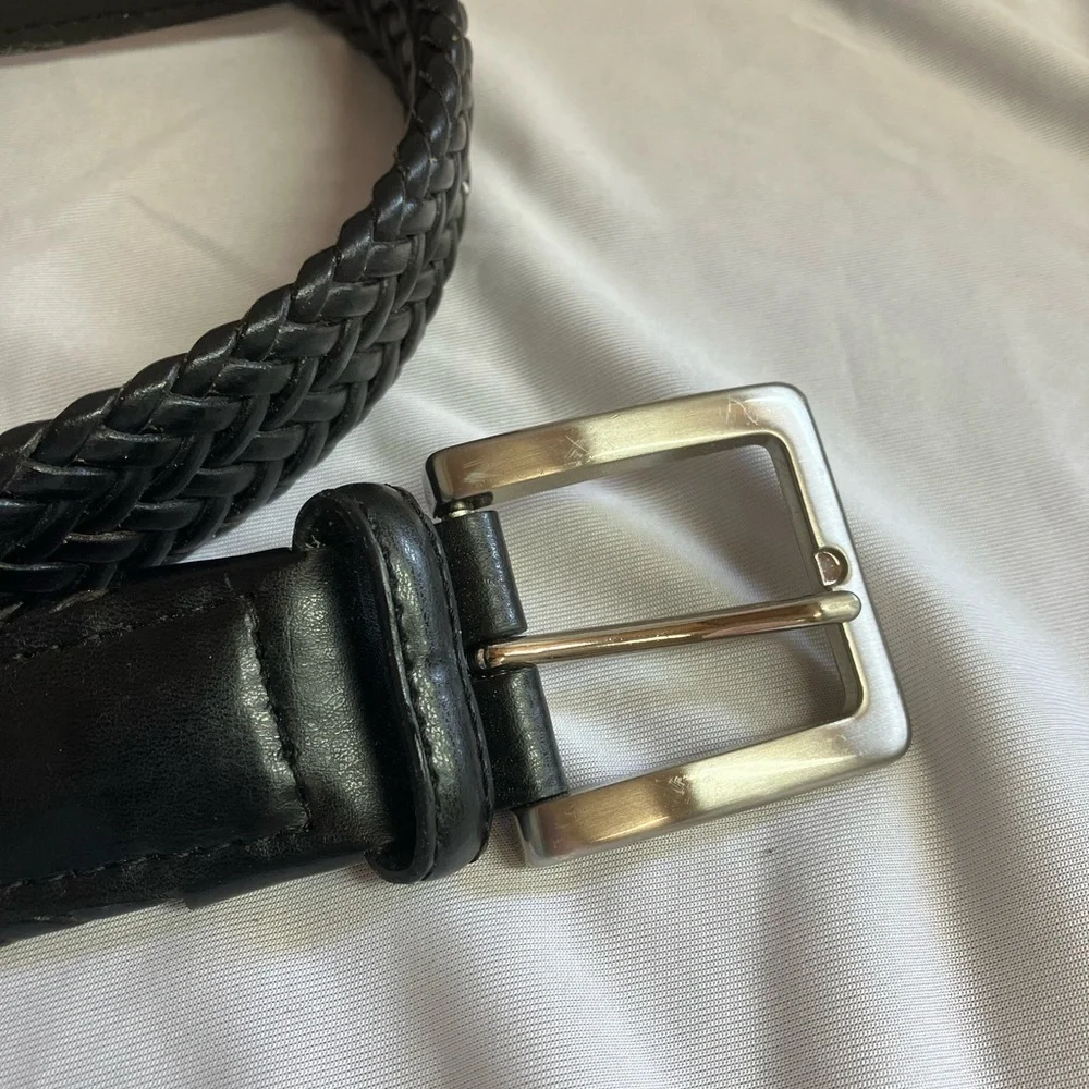 Classic Black Braided Leather Belt with Silver Buckle
